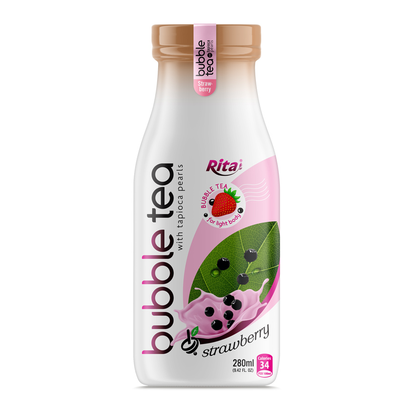 Glass bottle 280ml Bubble Tea with tapioca pearls and strawberry Glass bottle 280ml Bubble Tea with tapioca pearls and strawberry