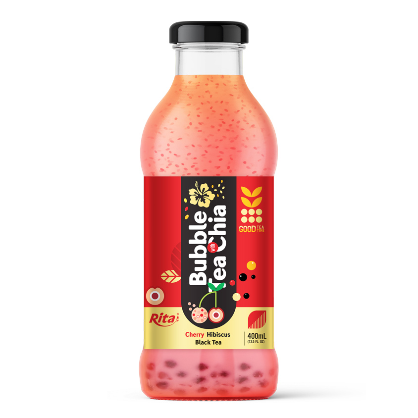 Bubble Tea With Chia Seed 400ml glass bottle Chery And Hibiscus Flavor Bubble Tea with Chia 400ml glass bottle Chery
