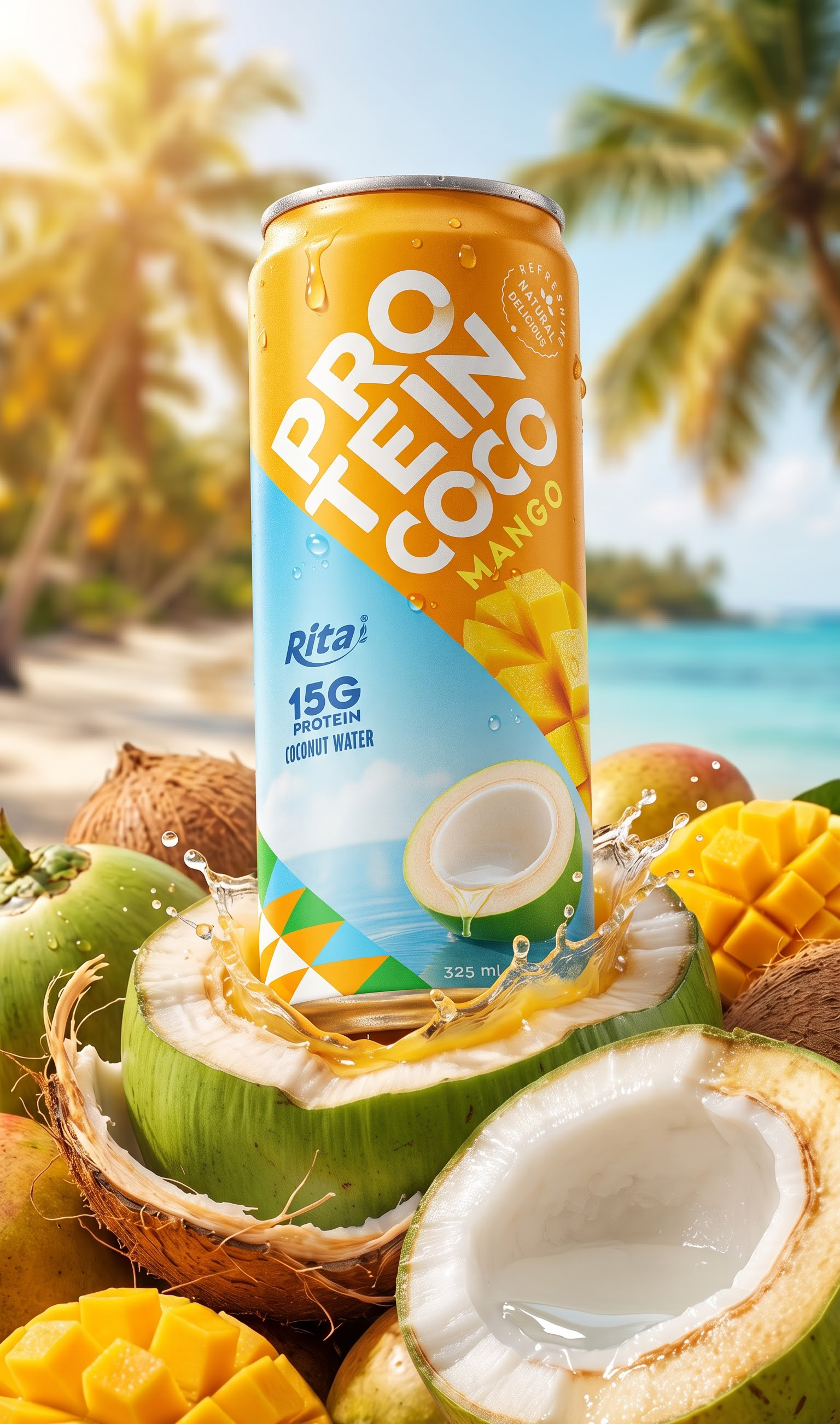 RITA Mango Flavored Protein Coconut Water 325ml Can with 15g Protein Poster 1