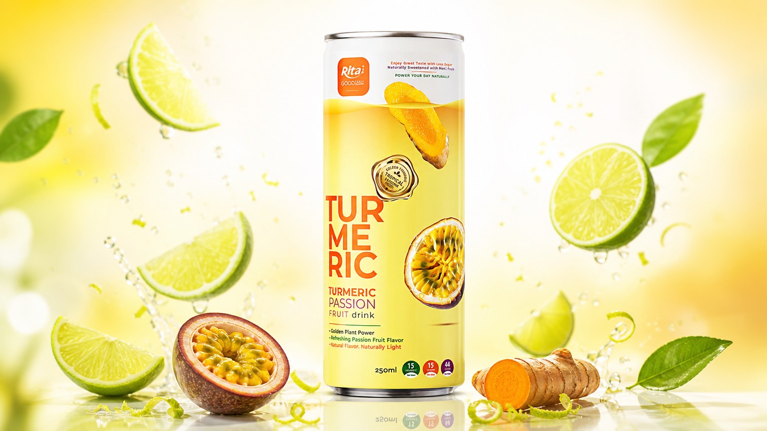 RITA Less Sugar Turmeric Passion Fruit Drink 250ml Slim Can Poster 2