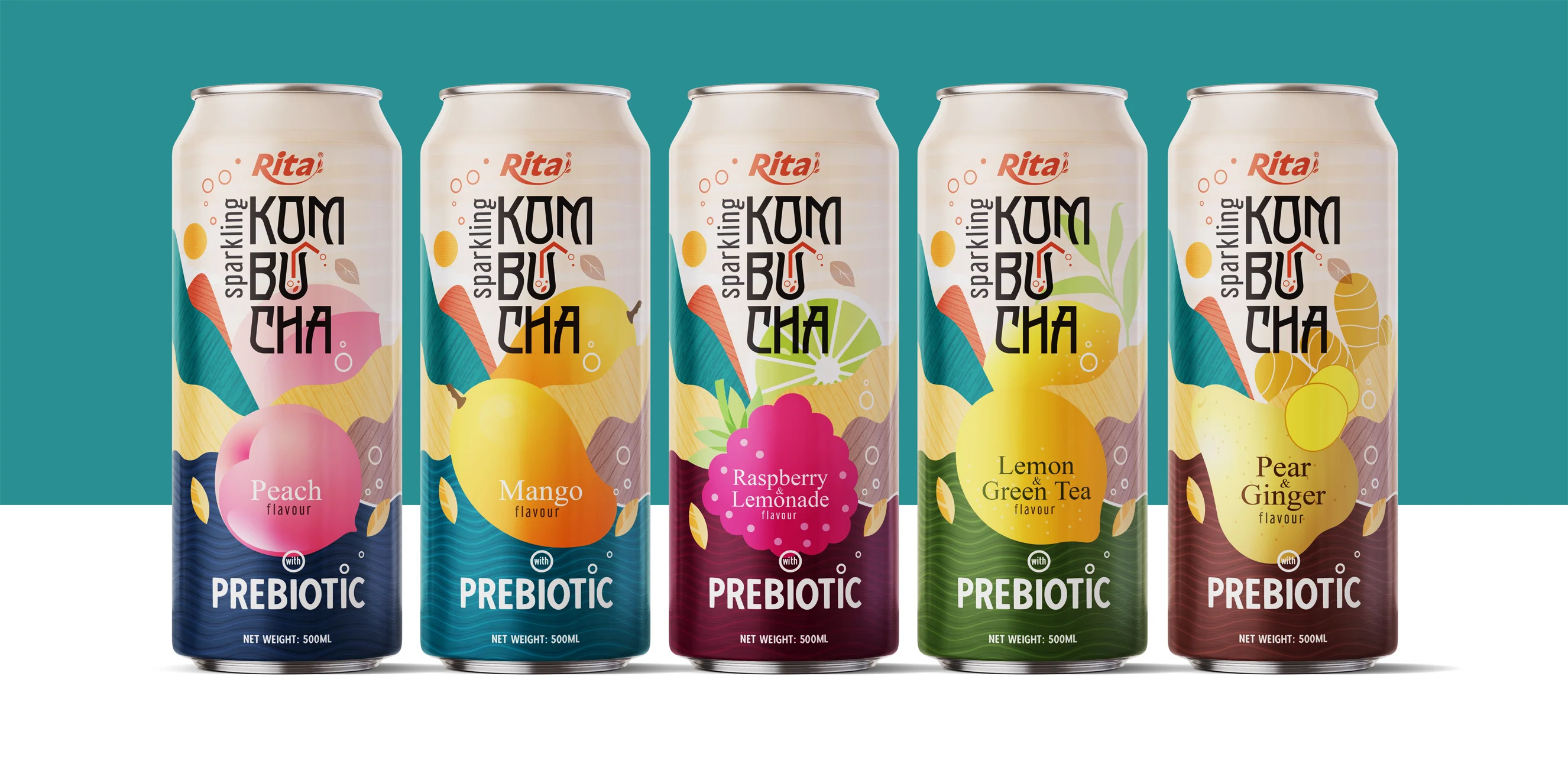 Series 5 cans Sparkling Kombucha Prebiotic with fruit