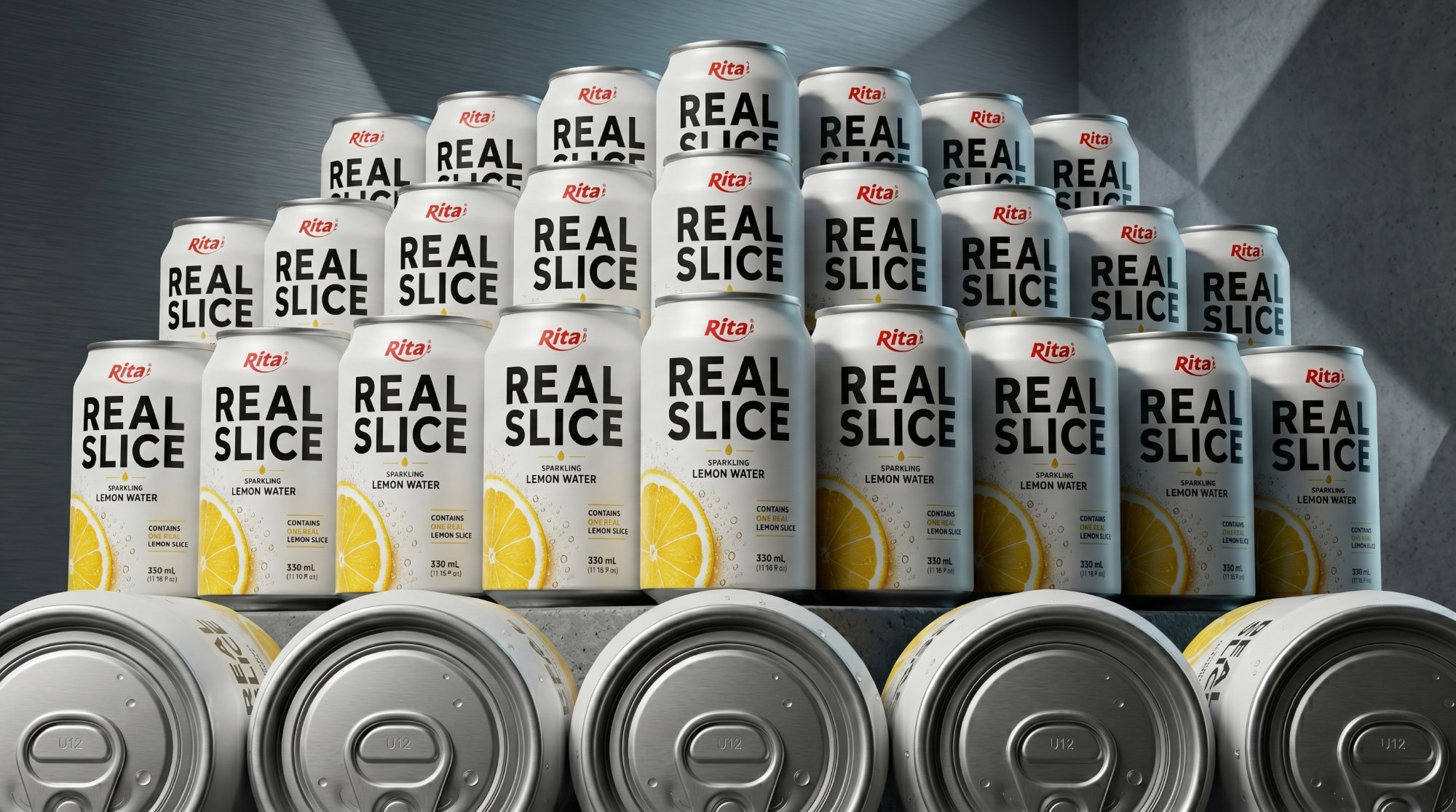 Sparkling Lemon Water with Real Fruit Slices 325ml Can Poster 2