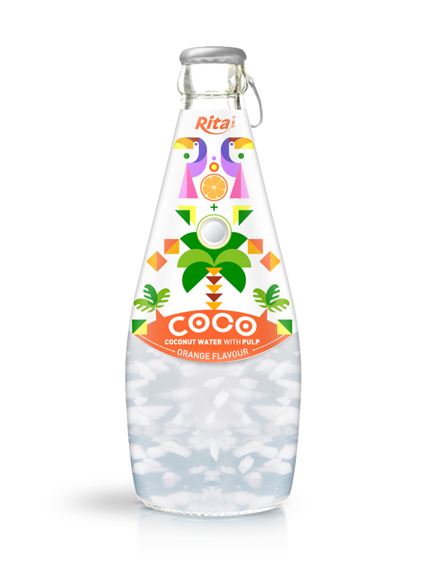 290ml Glass Bottle Orange Flavour Sparkling Coconut Water with Pulp