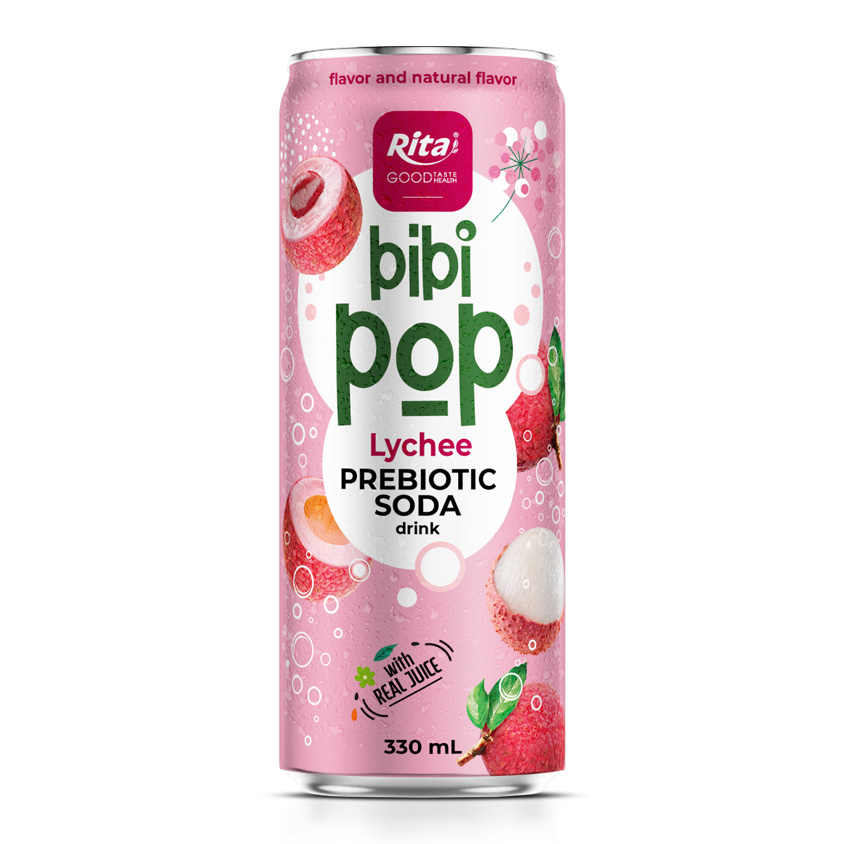 Bibi Pop Prebiotic Soda drink with real lychee juice 330ml sleek can