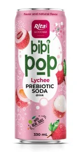 Bibi Pop Prebiotic Soda drink with real lychee juice 330ml sleek can